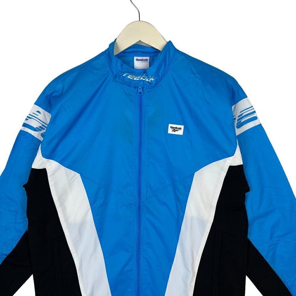 New Reebok Men US XL Blue Windbreaker Jog Gym Track Jacket Zip-Up Long Sleeve